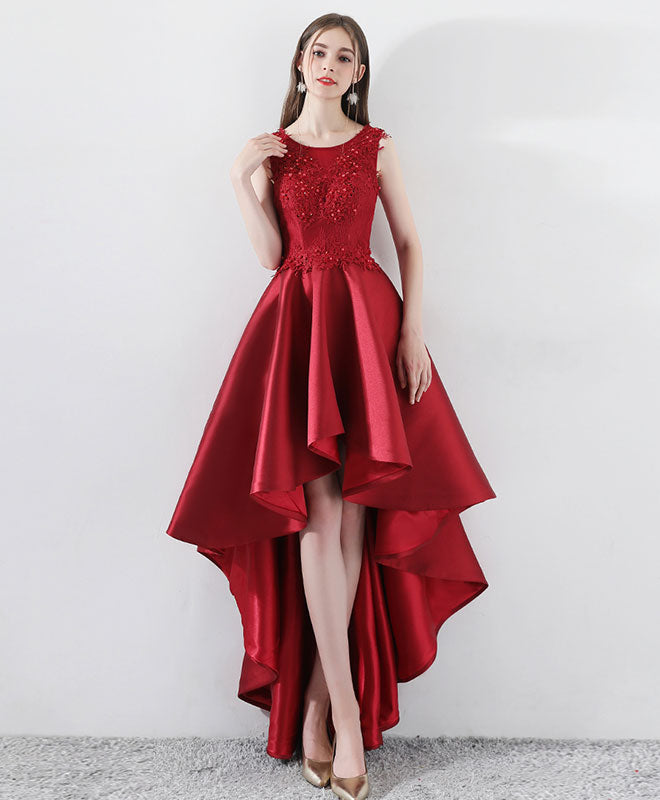 A-Line Sleeveless Scoop Neck High-Low Red Satin Homecoming Dress with Lace Bodice