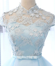 A-Line High Neck Floral Lace Applique Chiffon Short Homecoming Dress With Cap Sleeves