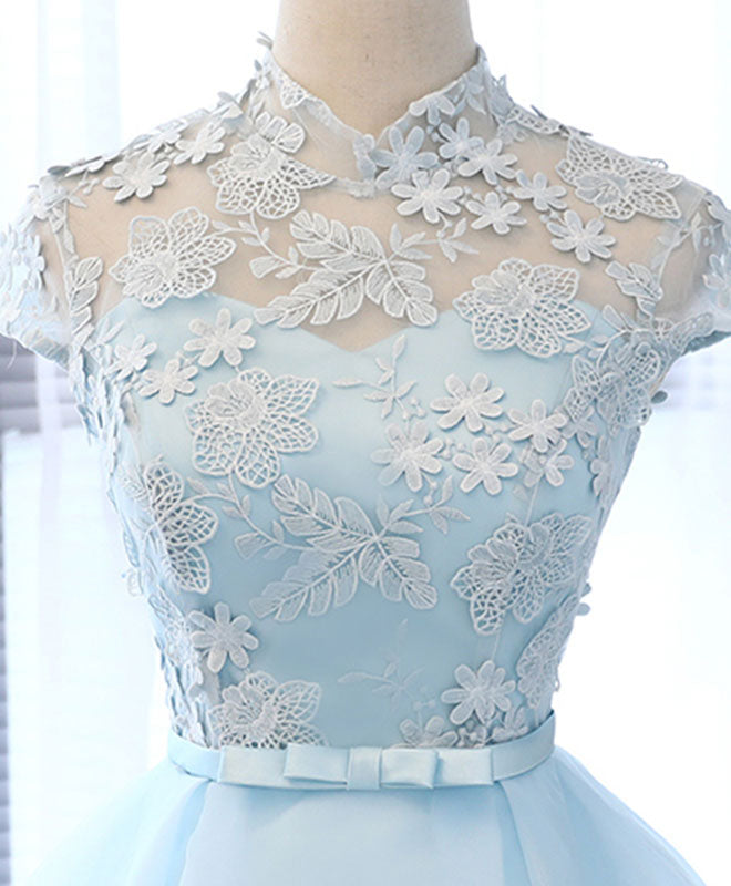 A-Line High Neck Floral Lace Applique Chiffon Short Homecoming Dress With Cap Sleeves