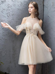A-Line Illusion Neck Knee-Length Champagne Tulle Homecoming Dress with Cold-Shoulder Sleeves & Floral Lace Appliqué