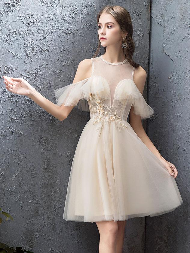 A-Line Illusion Neck Knee-Length Champagne Tulle Homecoming Dress with Cold-Shoulder Sleeves & Floral Lace Appliqué