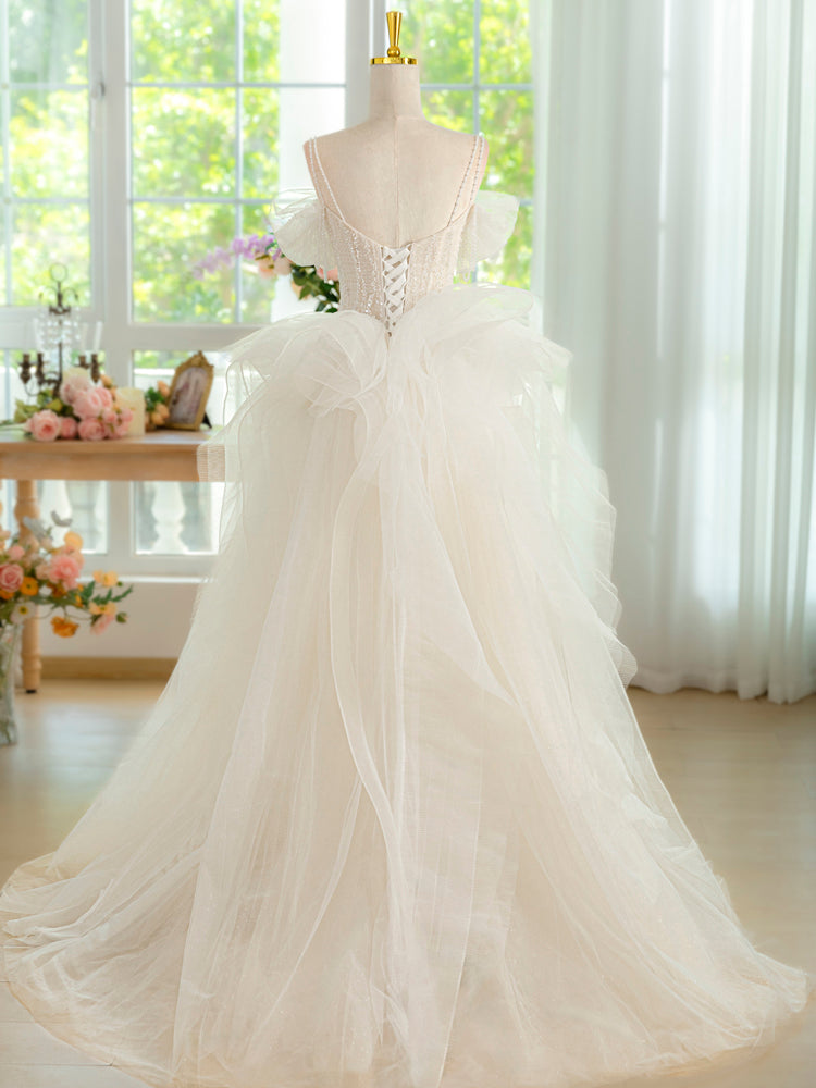 Princess Ivory Sweetheart Neck Floor-Length Tulle Prom Dress with Layered Ruffles and Beaded Lace