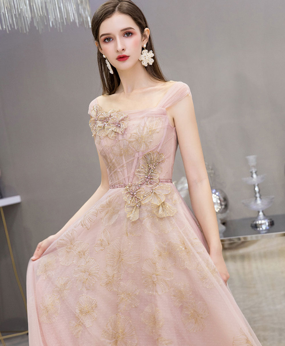 A-Line Illusion Square Neck Floor-Length Blush Pink Tulle Prom Dress with Floral Lace Appliqué