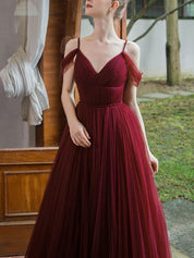 A-Line V-Neck Floor-Length Burgundy Tulle Prom Dress with Draped Cold-Shoulder Straps