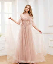 A-Line Blush Illusion Neck Floor-Length Tulle Prom Dress with Beaded Sequin Embroidery