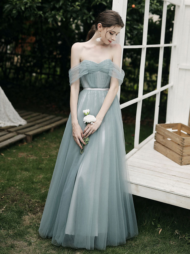 A-Line Dusty Blue One-Shoulder Floor-Length Tulle Prom Dress with Draped Bodice