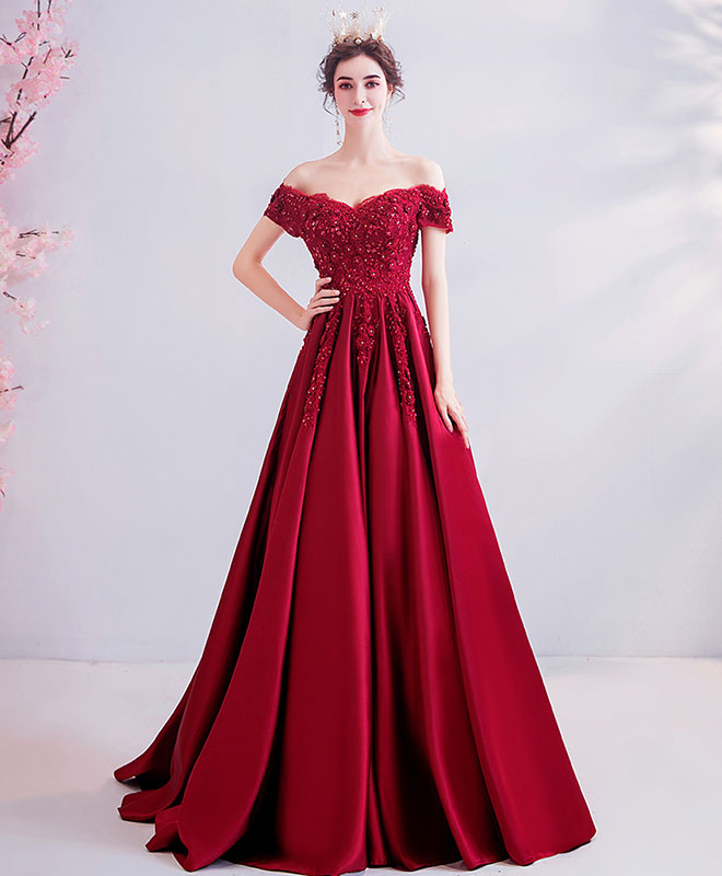 A-Line Off-the-Shoulder Floor-Length Satin & Lace Appliqué Prom Dress