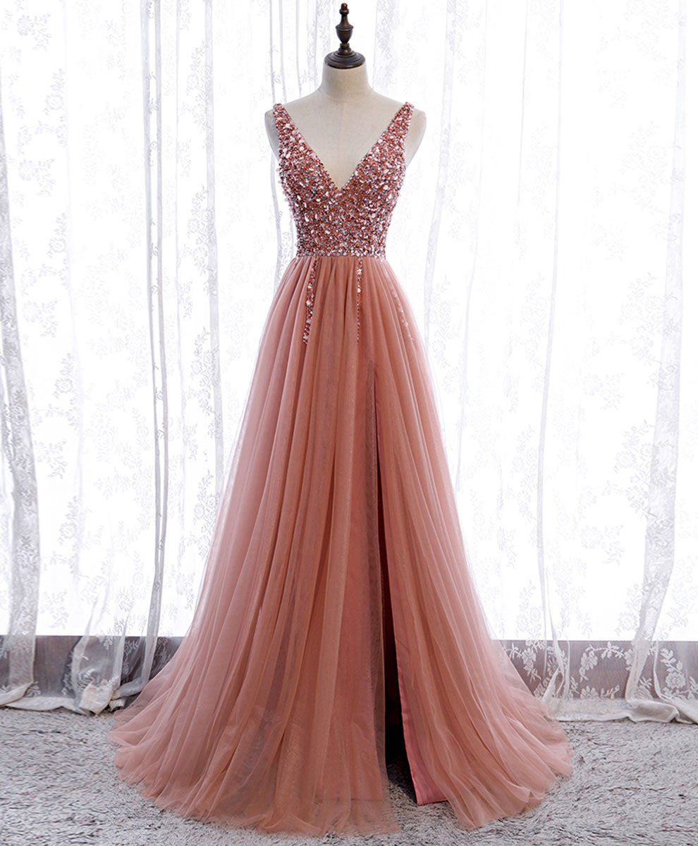 A-Line Blush Pink V-Neck Floor-Length Tulle Beaded Prom Dress with Sparkling Bodice and Front Slit