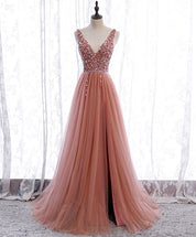 A-Line Blush Pink V-Neck Floor-Length Tulle Beaded Prom Dress with Sparkling Bodice and Front Slit