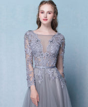 A-Line Illusion V-Neck Floor-Length Tulle & Lace Long Sleeve Prom Dress
