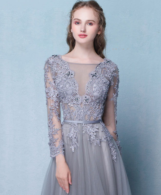 A-Line Illusion V-Neck Floor-Length Tulle & Lace Long Sleeve Prom Dress