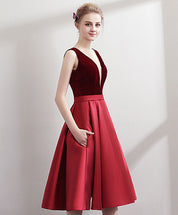 A-line V Neck Knee-Length Satin & Velvet Dress with Illusion Plunge Homecoming Dress