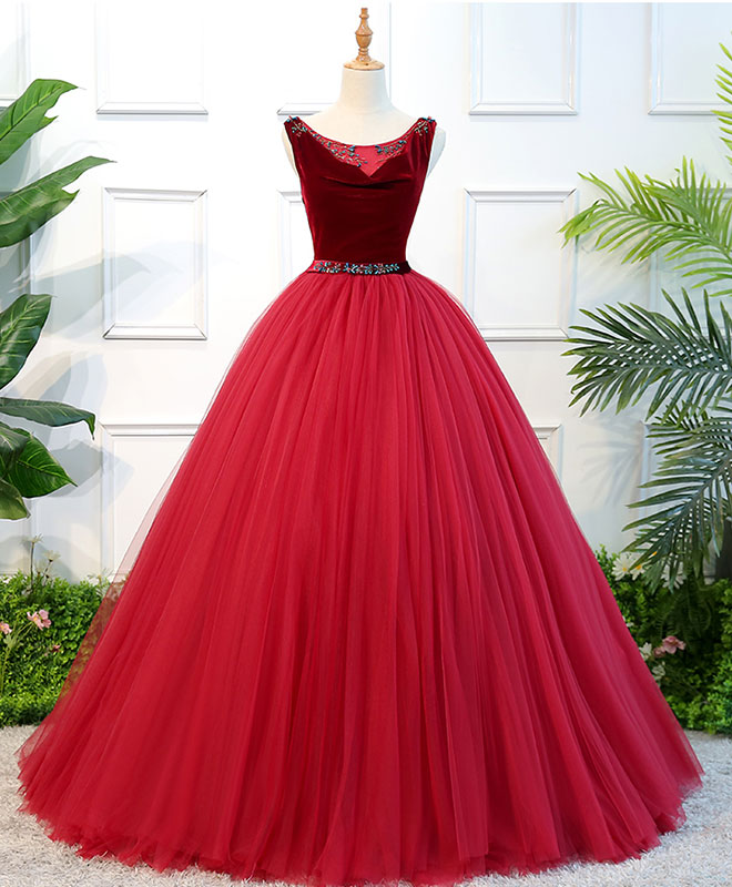 Ball Gown Scoop Neck Floor-Length Tulle & Beads Beaded Waist Prom Dress