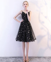A-Line Sweetheart Neck Knee-Length Black Tulle Star Embroidered Homecoming Dress