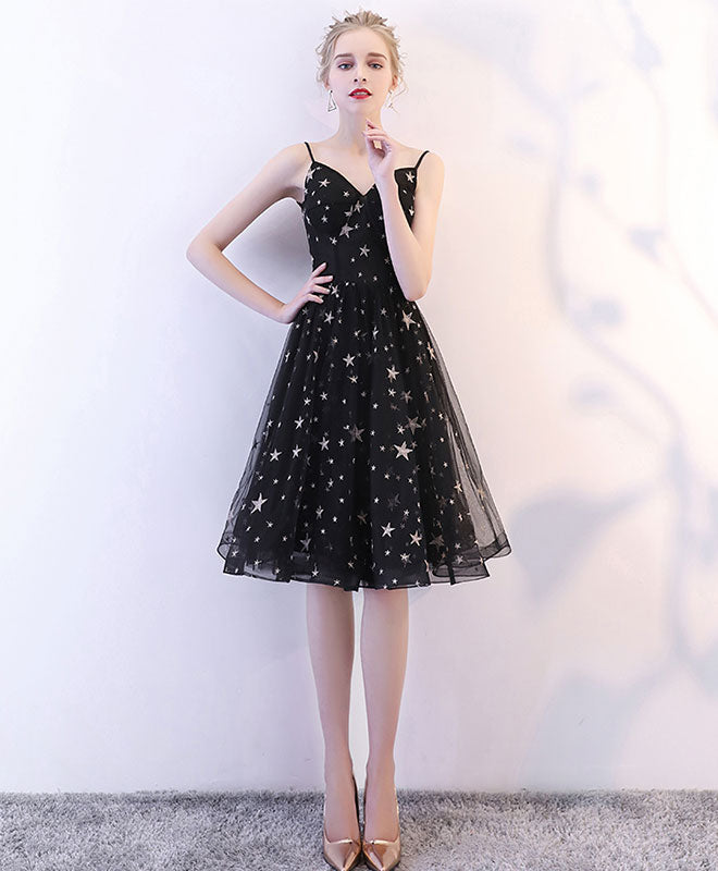 A-Line Sweetheart Neck Knee-Length Black Tulle Star Embroidered Homecoming Dress