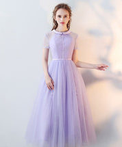 A-Line Illusion Neck Tea-Length Light Grey Tulle Lace Prom Dress with Delicate Floral Texture