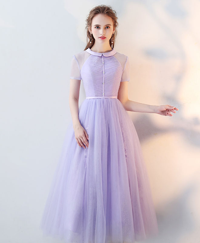 A-Line Illusion Neck Tea-Length Light Grey Tulle Lace Prom Dress with Delicate Floral Texture
