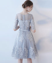 A-Line Illusion Neck Knee-Length Light Gray Tulle Lace Homecoming Dress with Floral Appliqué