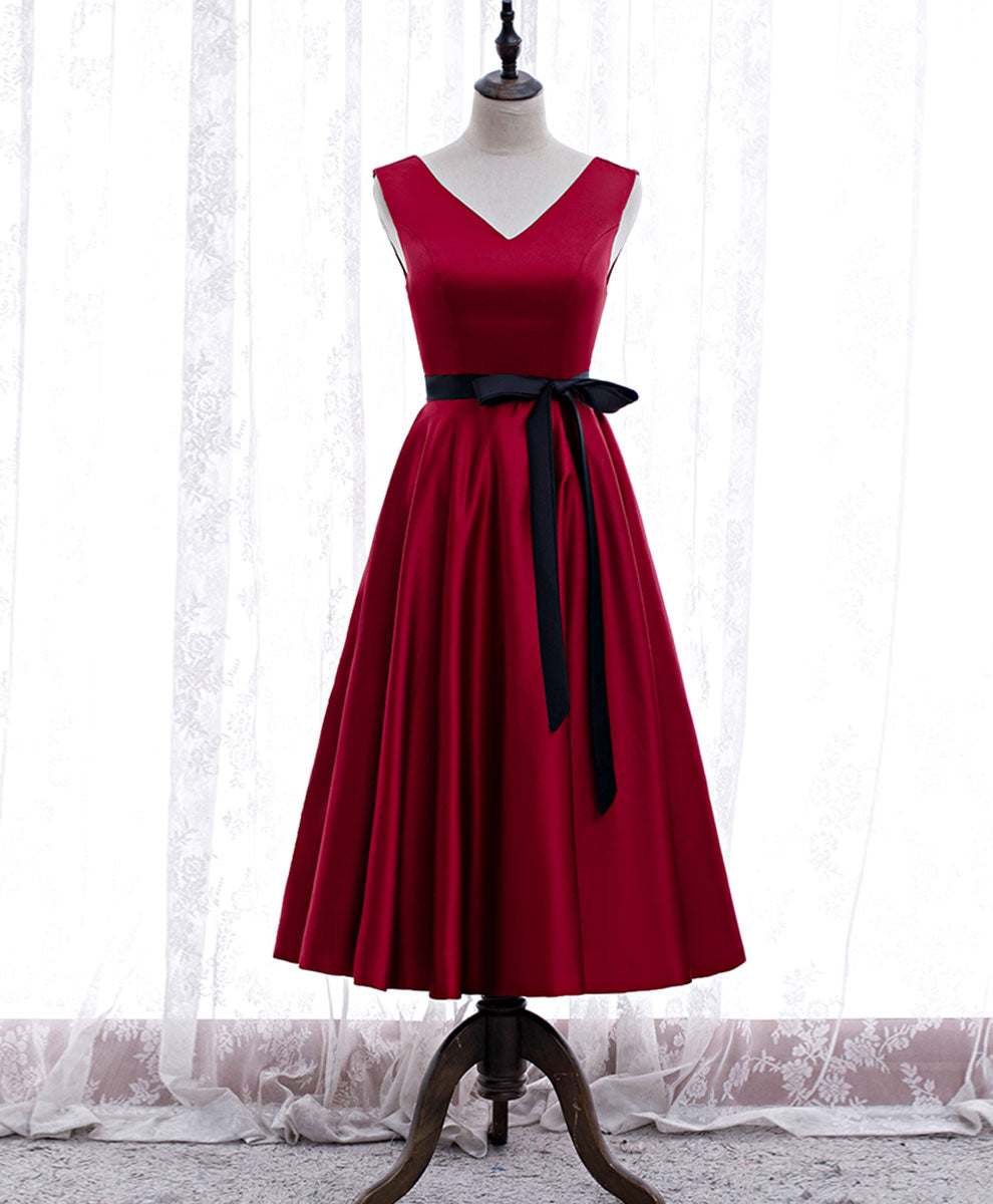 A-Line V-Neck Tea-Length Red Satin Homecoming Dress with Contrast Bow Waist