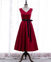 A-Line V-Neck Tea-Length Red Satin Homecoming Dress with Contrast Bow Waist