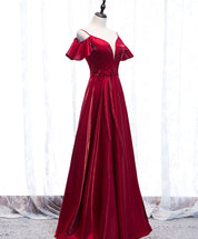 A-Line Burgundy Deep V-Neck Floor-Length Satin Prom Dress with Cold-Shoulder Ruffle Sleeves