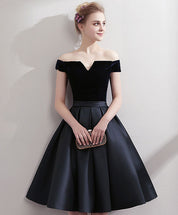 A-line Off-the-Shoulder Knee-Length Satin & Velvet Dress with Pleated Skirt Homecoming Dress