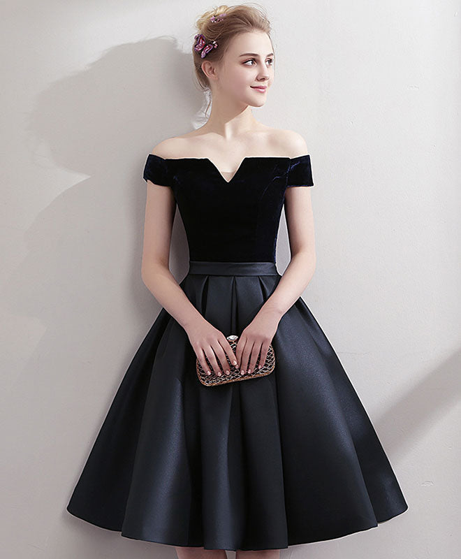A-line Off-the-Shoulder Knee-Length Satin & Velvet Dress with Pleated Skirt Homecoming Dress