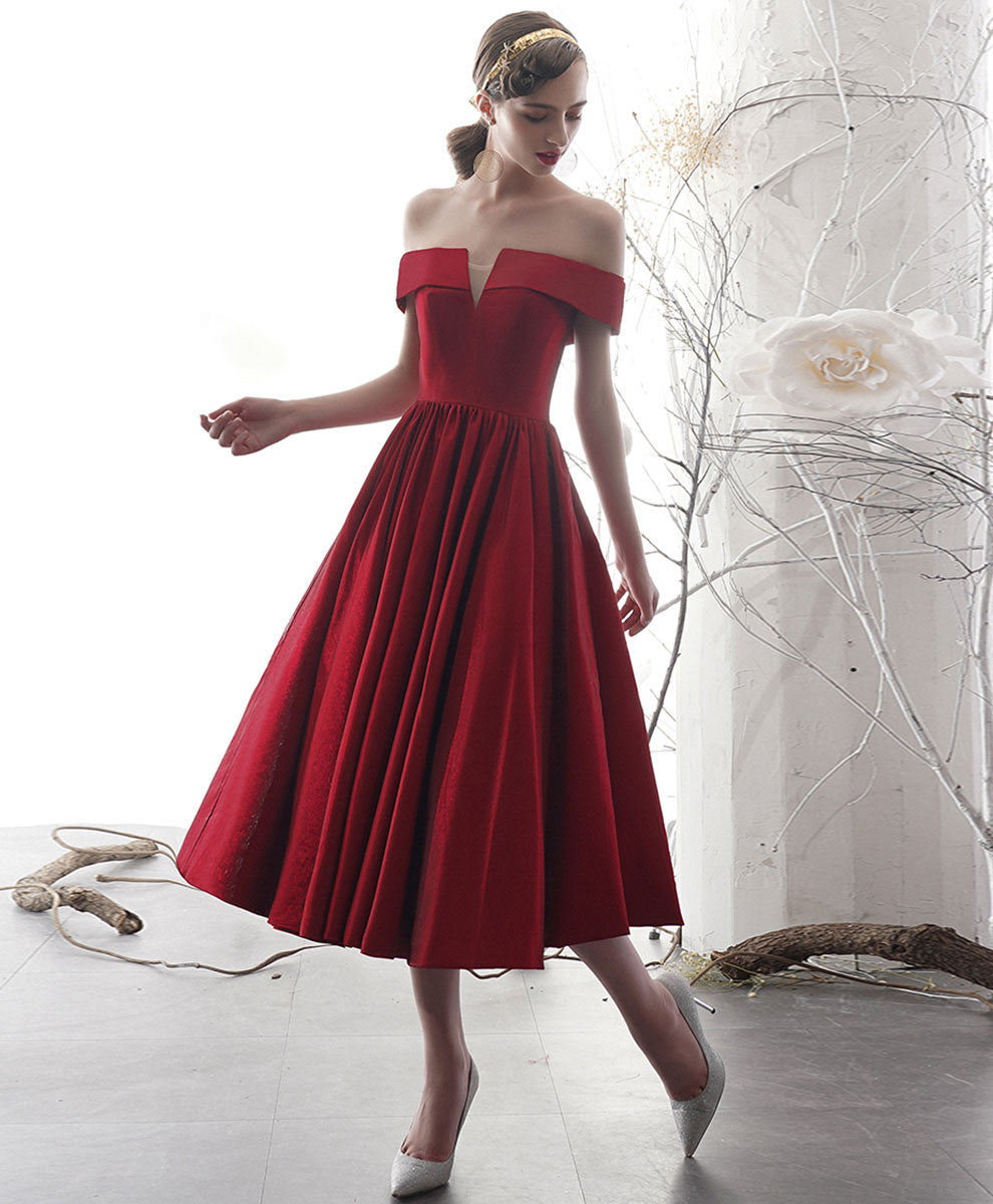 A-Line Off-the-Shoulder Tea-Length Red Satin Homecoming Dress with Pleated Skirt