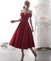 A-Line Off-the-Shoulder Tea-Length Red Satin Homecoming Dress with Pleated Skirt