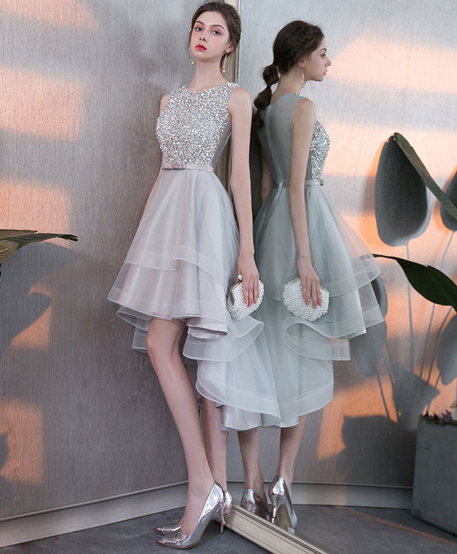 A-line Round Neck High-Low Tulle & Lace Dress with Beaded Bodice Homecoming Dress