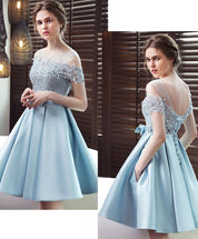 A-line Illusion Off-the-Shoulder Knee-Length Satin & Lace Dress with Bow Homecoming Dress