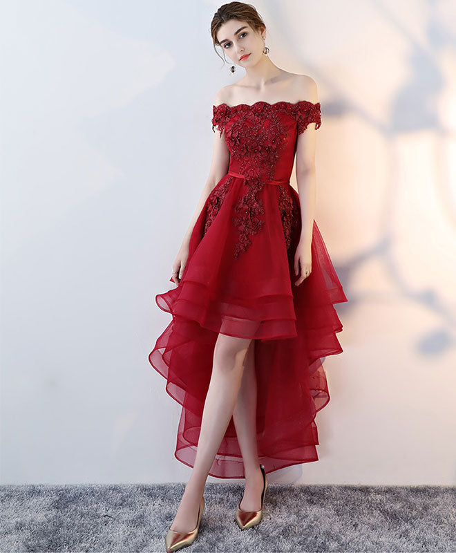 Off-Shoulder High-Low Tulle and Lace Homecoming Dress with Floral Appliqué