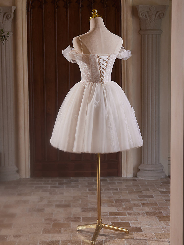 A-Line Ivory Off-the-Shoulder Short/Mini Tulle & Lace Homecoming Dress with Delicate Lace Appliqué
