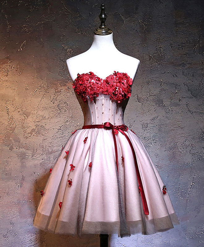 A-line Sweetheart Strapless Short Tulle Homecoming Dress with 3D Floral Appliqué