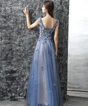 A-line Scoop Neck Cap Sleeve Tulle Prom Dress with 3D Floral Appliques