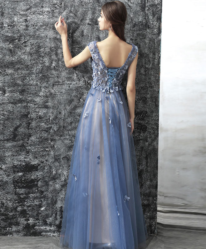 A-line Scoop Neck Cap Sleeve Tulle Prom Dress with 3D Floral Appliques