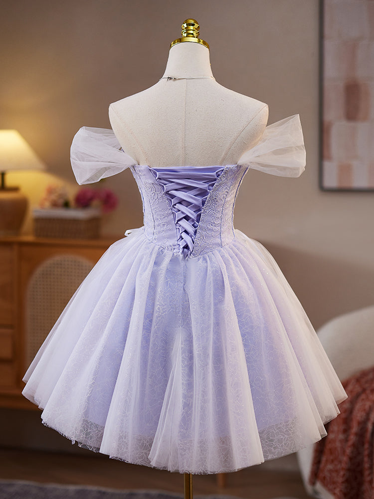 A-Line Sweetheart Neck Tulle Lace Short Purple Prom Dress, Purple Homecoming Dress