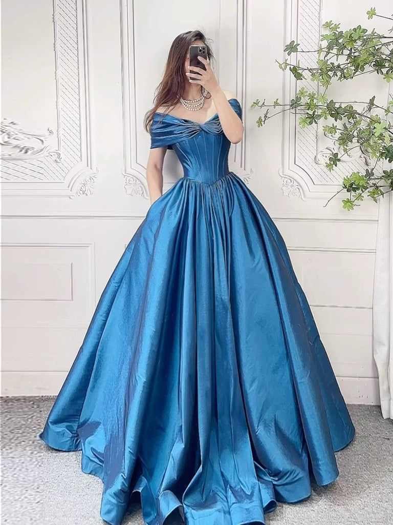 A-Line Off Shoulder Blue Long Prom Dress, Blue Long Formal Dress