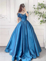 A-Line Off Shoulder Blue Long Prom Dress, Blue Long Formal Dress