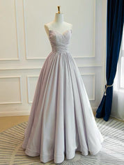 A-Line V Neck Taffeta Champagne Long Prom Dress, Champagne Long Evening Dress
