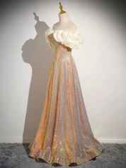 A-Line Off Shoulder Sequin Gold Pink Long Prom Dress, Sequin Evening Dress