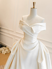 A-Line Off Shoulder Satin Light Champagne Long Prom Dress, Light Champagne Formal Dress