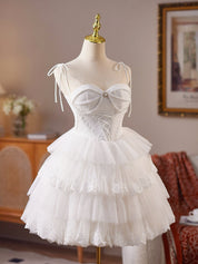 White Sweetheart Neck Tulle Lace Short Homecoming Dress