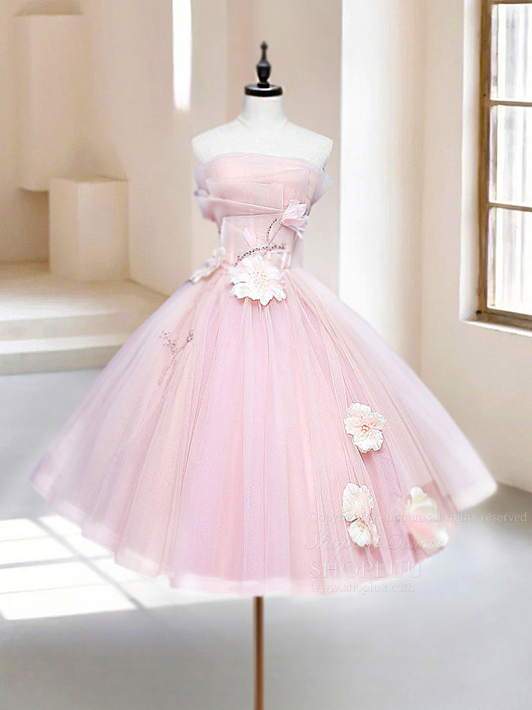 A-Line Tulle Beads Pink Short Prom Dress, Pink Homecoming Dress
