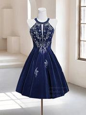A-Line Halter Neck Knee-Length Navy Velvet Homecoming Dress with Beaded Embroidery