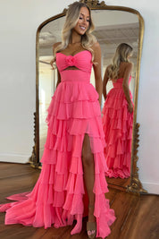 A-Line Sweetheart Floor-Length Hot Pink Chiffon Prom Dress with Tiered Ruffles and High Slit