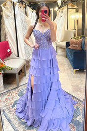 A-Line Sweetheart Neck Floor-Length Lavender Chiffon Prom Dress with Tiered Ruffle Skirt