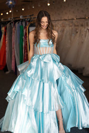A-Line Strapless Floor-Length Light Blue Tulle Tiered Ruffle Prom Dress