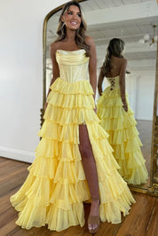 A-Line Strapless Floor-Length Yellow Chiffon Prom Dress with Tiered Ruffles and High Slit