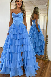 A-Line Sweetheart Neck Floor-Length Chiffon Light Blue Prom Dress with Tiered Ruffles